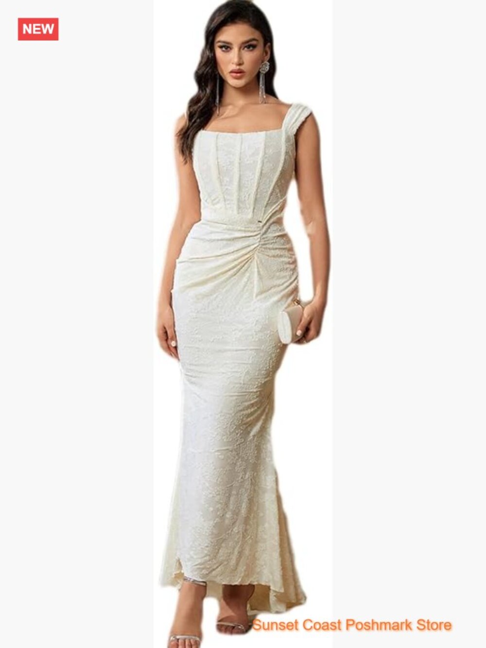 Elegant Lace Bodycon Fishtail Dress Midi Party Wedding Guest Ruched Style